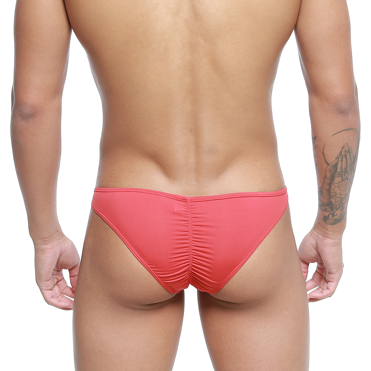 Coral-colored stretchy fabric briefs with a ruched back design metro male wear fits bikini red 6603-12 back view
