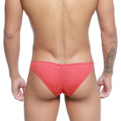 Coral-colored stretchy fabric briefs with a ruched back design metro male wear fits bikini red 6603-12 back view
