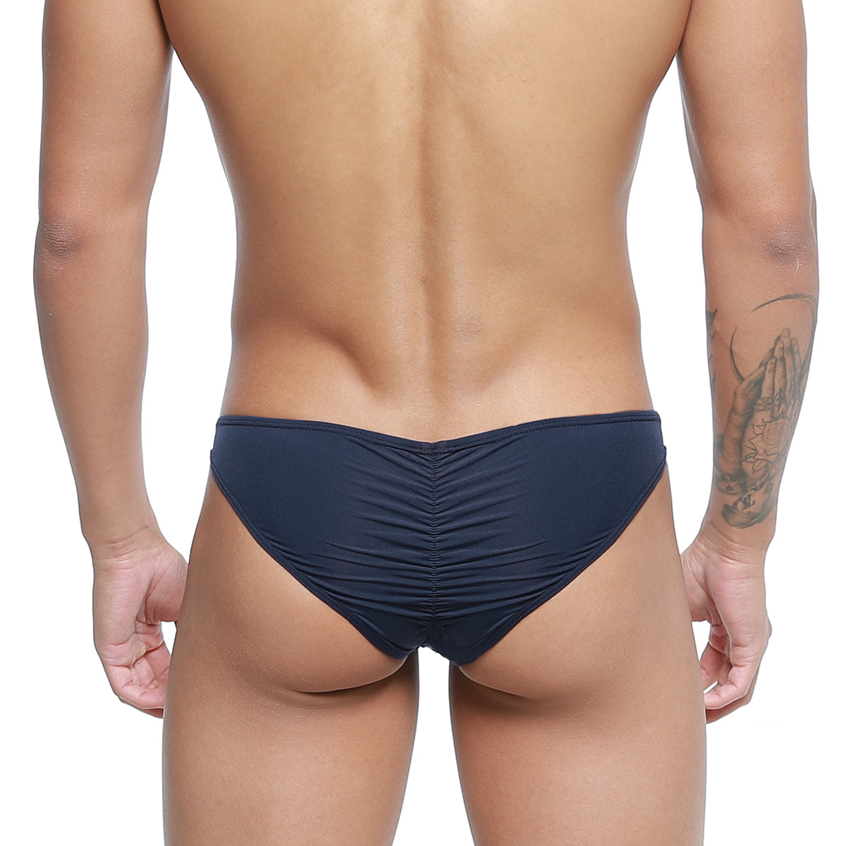 MetroMaleWear fits bikini swim trunks in navy blue with ruched design for stylish swimwear look