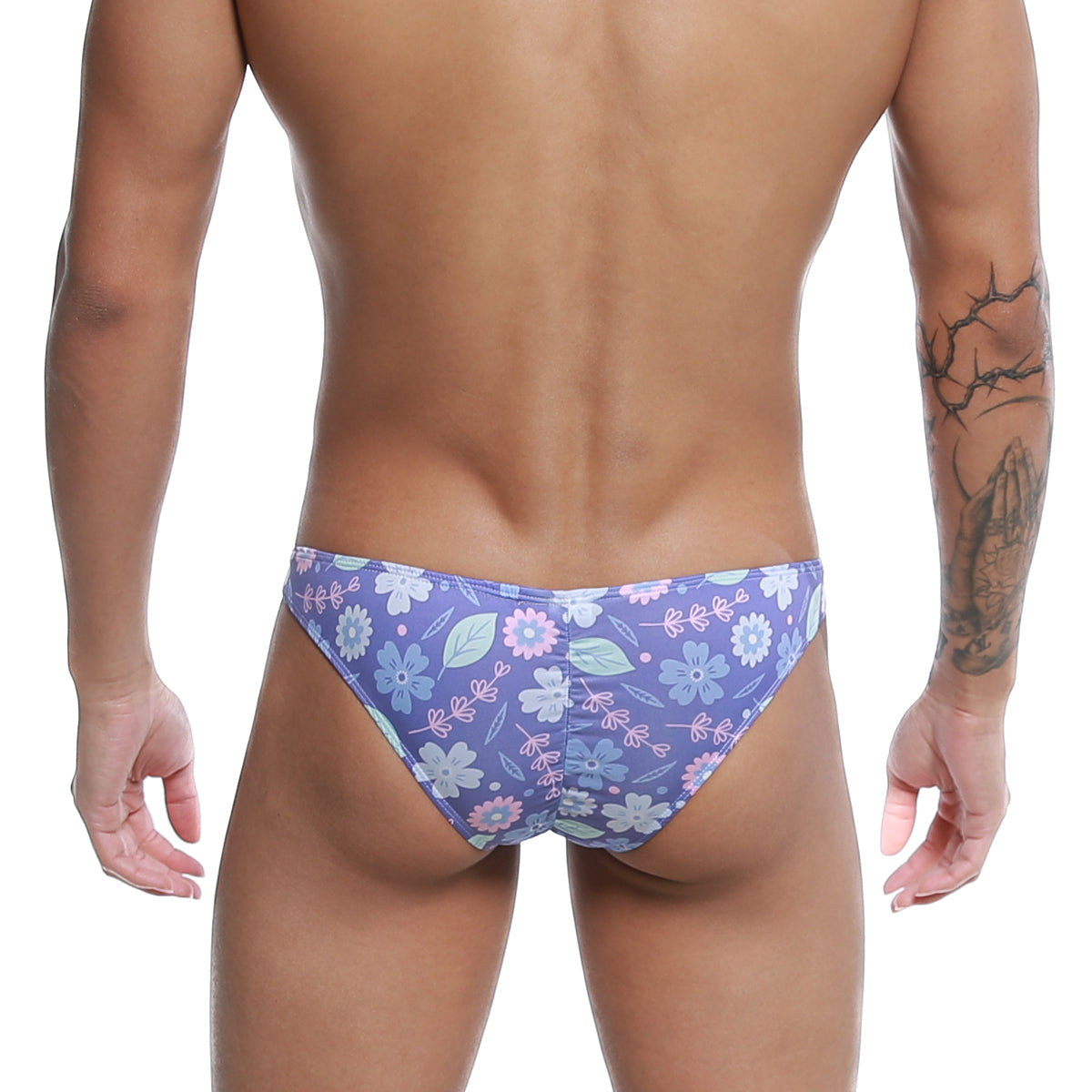 Purple floral-patterned men’s briefs with light blue pink and white flowers by MetroMaleWear Fits Bikini Jardin 6603-44