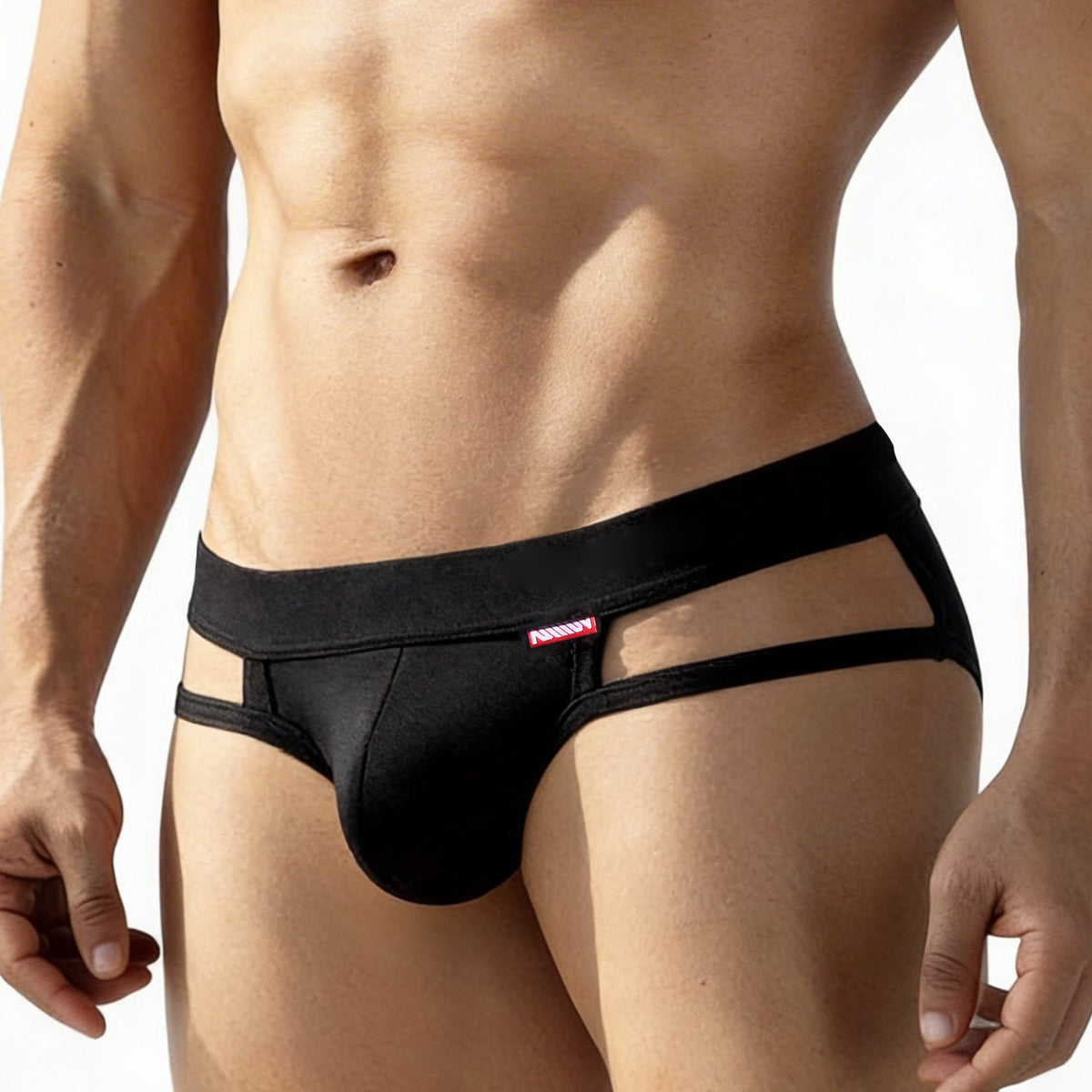 Black mens briefs metro malewear malibu brief with cutout design and red brand tag in black color
