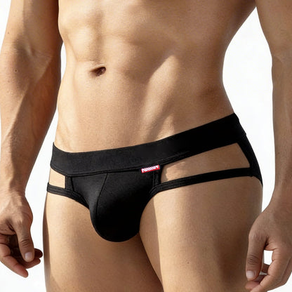Black mens briefs metro malewear malibu brief with cutout design and red brand tag in black color