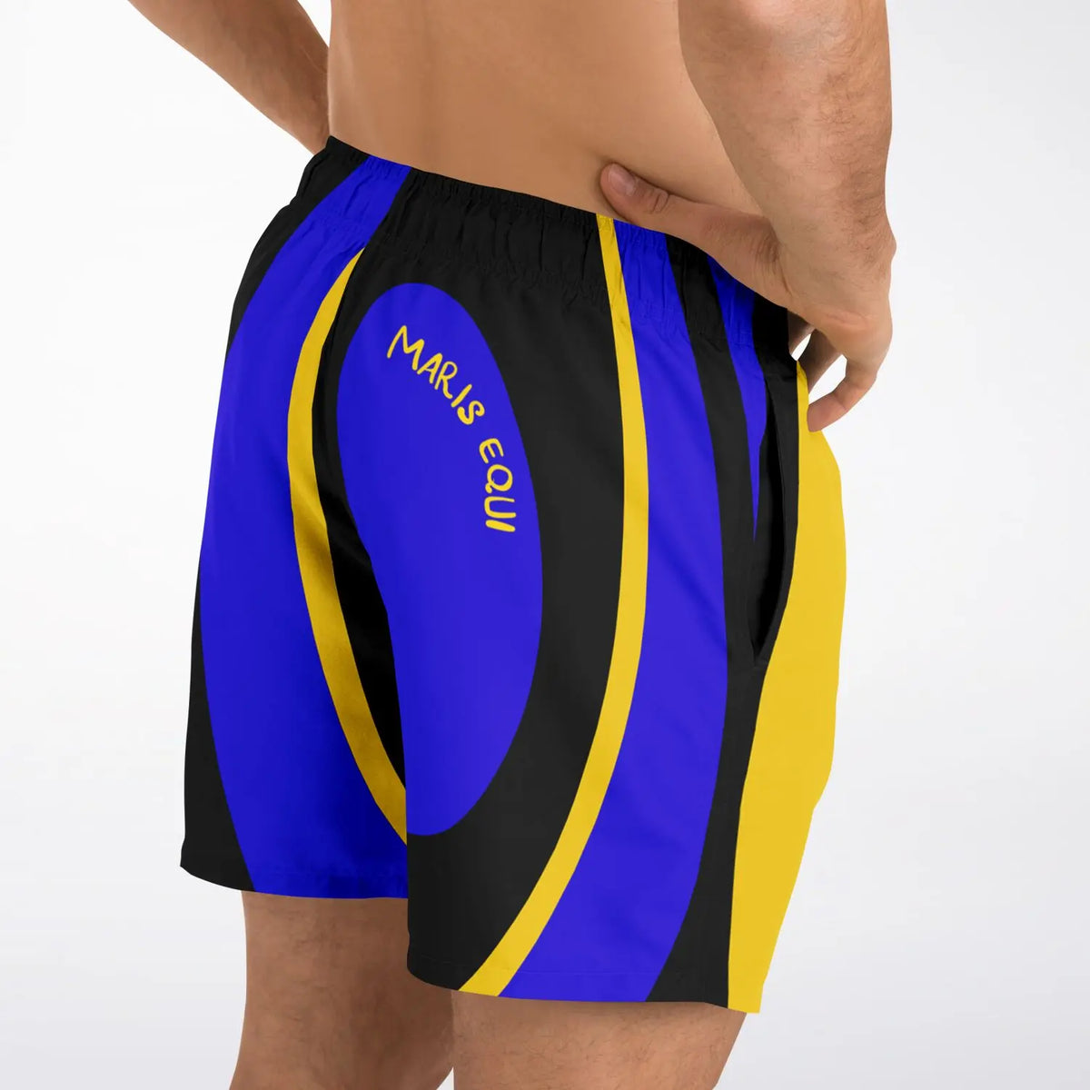 Men's swim shorts in blue black and yellow with a circular design featuring side pockets by Maris Equi.