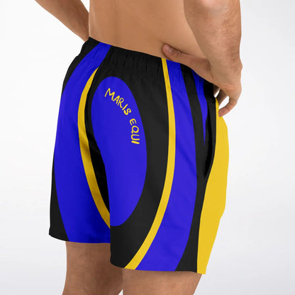 Men's swim shorts in blue black and yellow with a circular design featuring side pockets by Maris Equi.