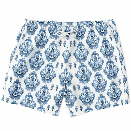 Men's swim shorts in blue and white baroque pattern featuring an elastic waistband and drawstring by Maris Equi.