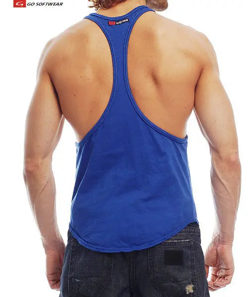 Men's muscle tank in cadet blue featuring a racerback design and soft fabric shown from the back on a model by Go Softwear
