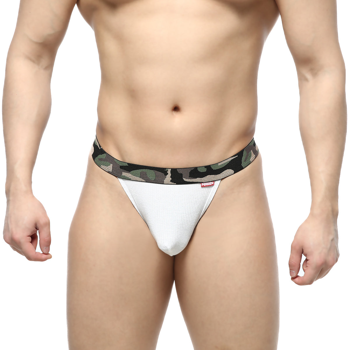 White textured briefs with a camouflage waistband from metromalewear felix thong 7012-00 front view