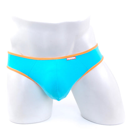 MetroMaleWear cotton half-bikini thong teal bright turquoise briefs with orange trim and a small red brand tag