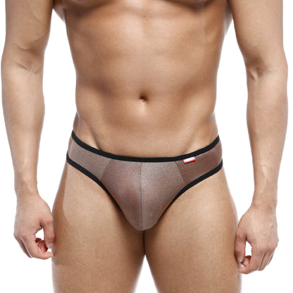 MetroMaleWear half-bikini thong gold 7002-21 sheer taupe mesh brief with black trim and red brand tag