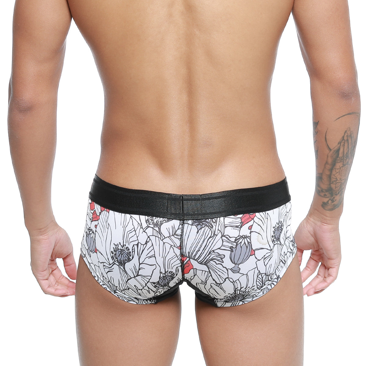 White briefs metro male wear micro mini boxer escobar 7013-03 with black elastic waistband and gray white red poppy floral pattern