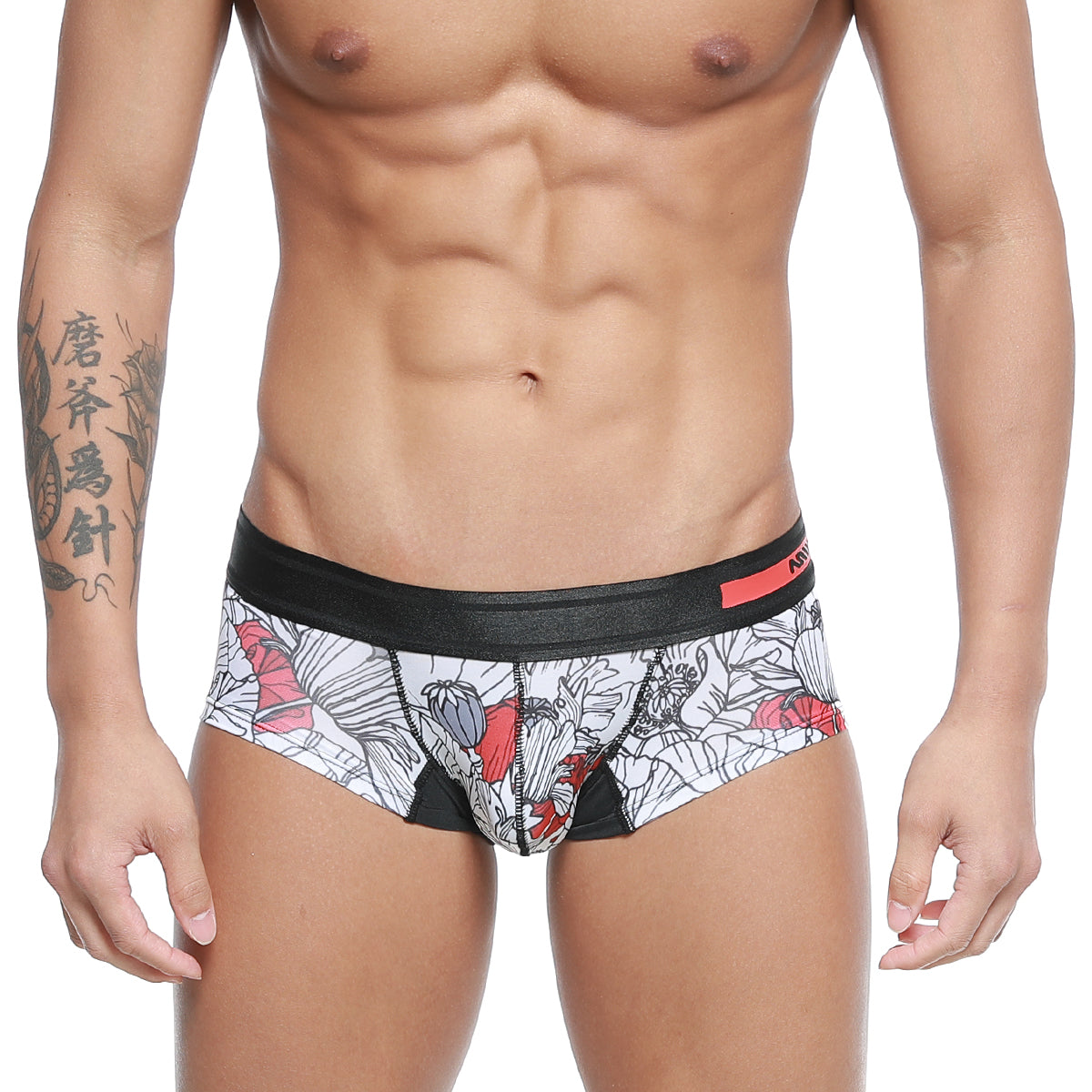 MetroMalewear micro mini boxer Escobar 7013-03 white briefs with bold red and black floral pattern and black waistband