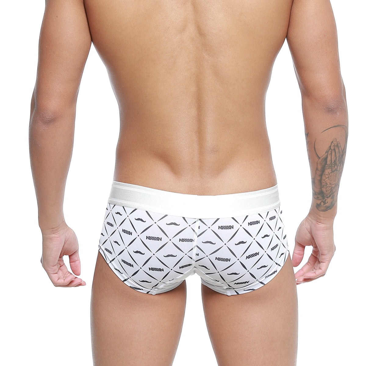 White briefs metro malewear micro mini boxer with black geometric mustache pattern and nassim branding 7013-04