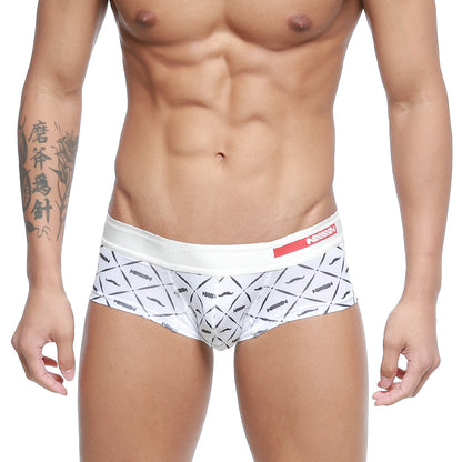 White briefs with black geometric mustache pattern and red arrow logo waistband metro malewear micro mini boxer caballero 7013-04