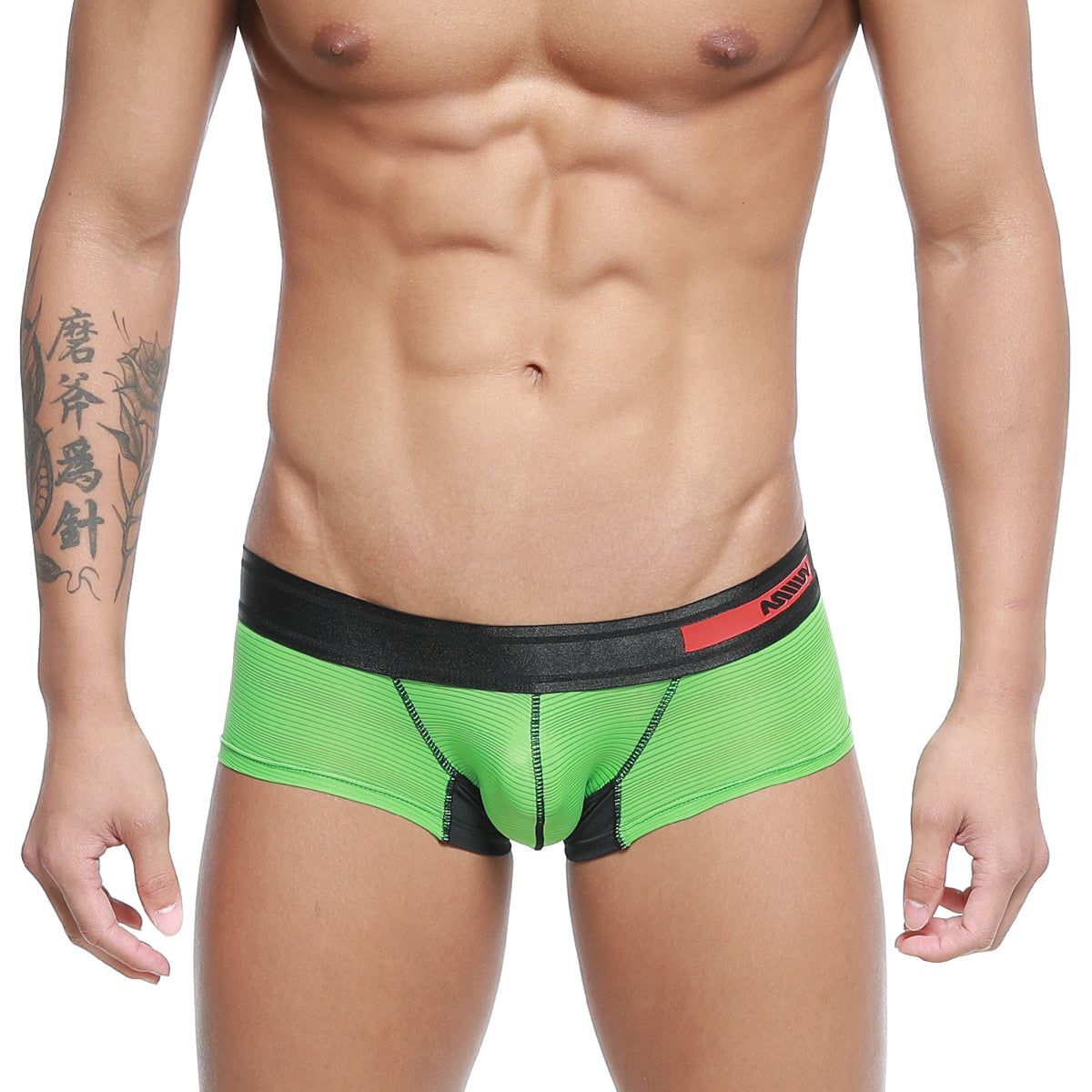 Bright green ribbed mens briefs with black waistband and red white metro male wear branding model 7013-07