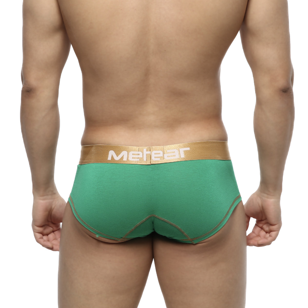 Metro malewear micro mini boxer briefs in green with gold waistband and matching stitching for festive wear