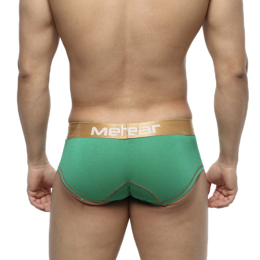 Metro malewear micro mini boxer briefs in green with gold waistband and matching stitching for festive wear