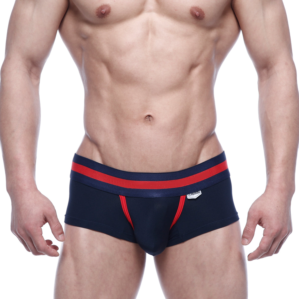 MetroMaleWear Micro Mini Boxer navy 7013-28 brief with red trim and white logo on waistband in navy blue microfiber