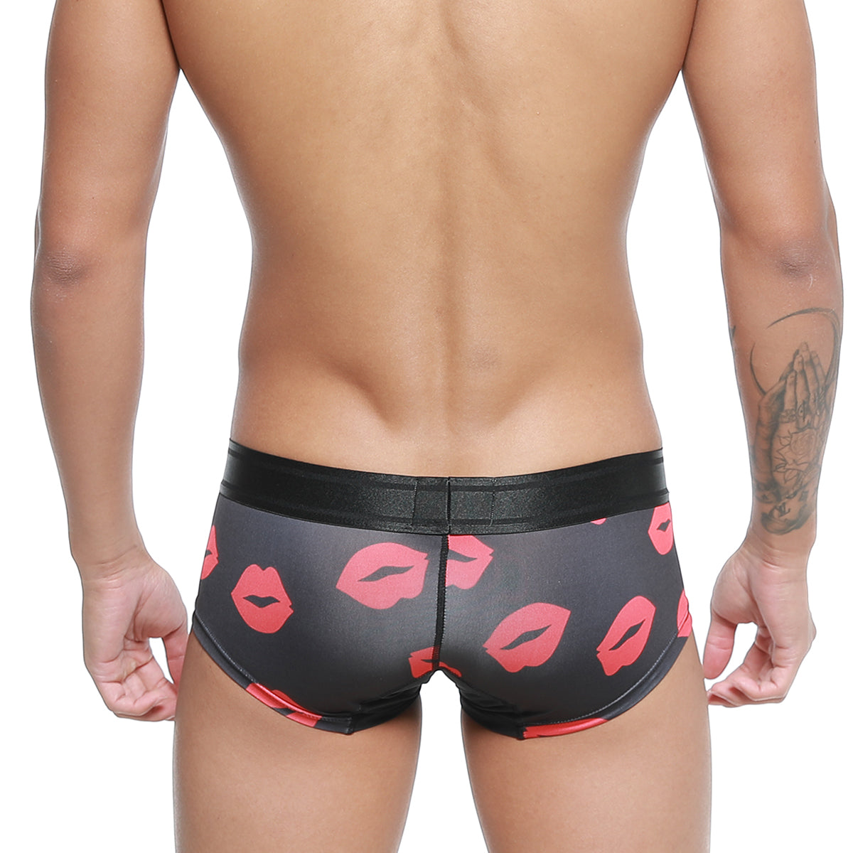 Black metroMalewear micro mini boxer briefs with red lipstick print and shiny black waistband model 7013-36