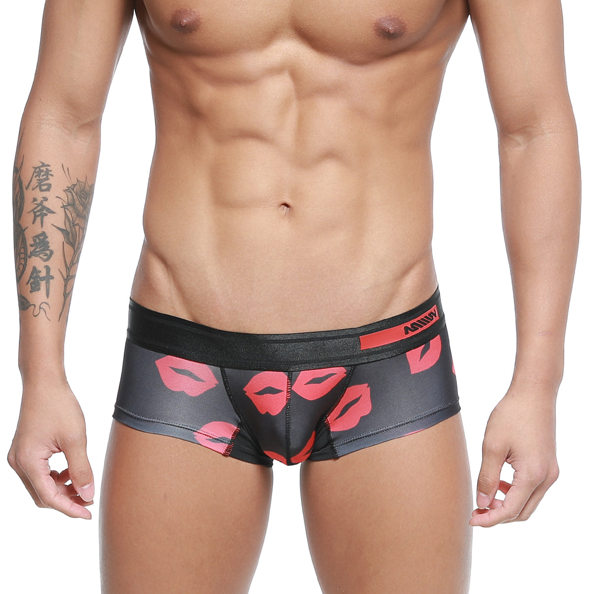 Black briefs with bold red lipstick print and anony waistband from metromalewear micro mini boxer kiss 7013-36