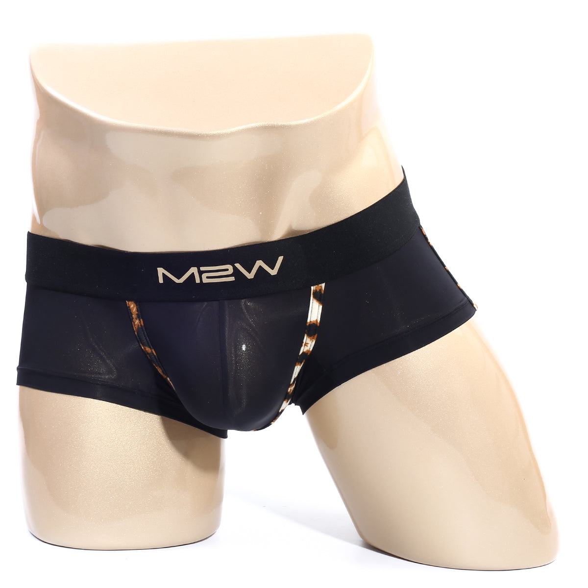 Black m2w men’s briefs metro malewear micro mini boxer cheetah 7013-47 with leopard print trim and sheer mesh front panel