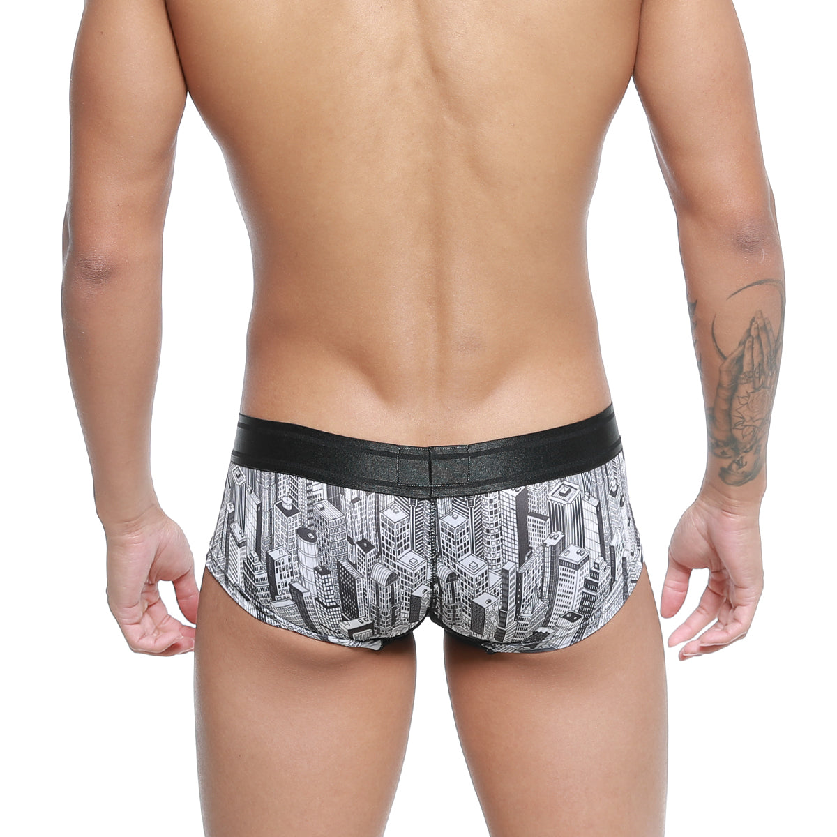 MetroMaleWear micro mini boxer briefs in black and white cityscape pattern with black elastic waistband