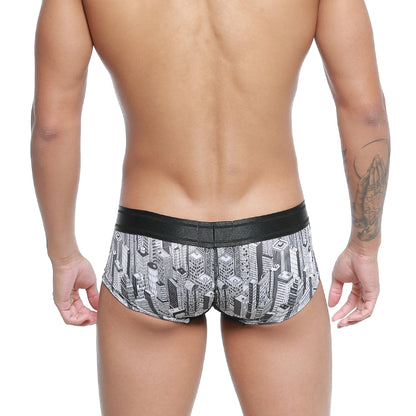MetroMaleWear micro mini boxer briefs in black and white cityscape pattern with black elastic waistband