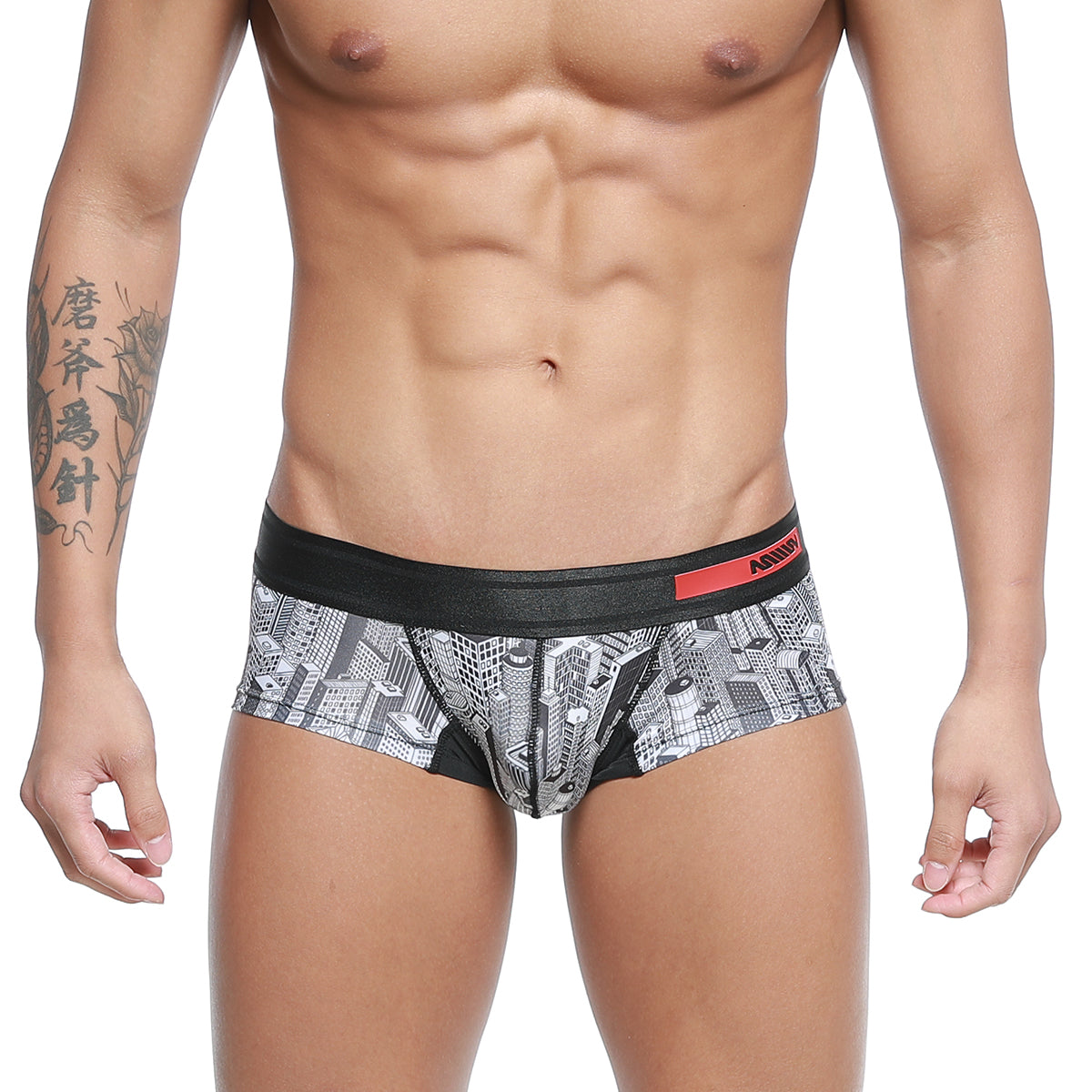 Metro male wear micro mini boxer briefs with black and white cityscape pattern and red logo waistband