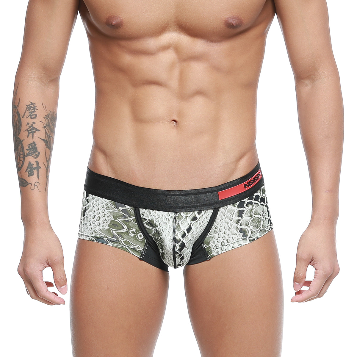 Black and white snake-scale patterned mens briefs with red MetroMaleWear logo on waistband metro male wear python 7013-60