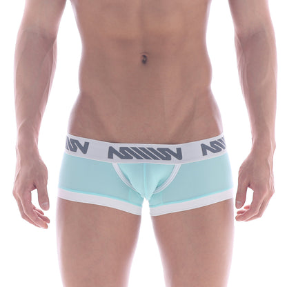 Light blue and white metroMalewear micro mini boxer briefs with gray logo band in pastel green 7013-75