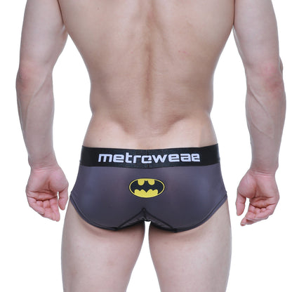 Black batman-themed metro male wear mini boxer briefs with yellow bat emblem and metroweave black waistband