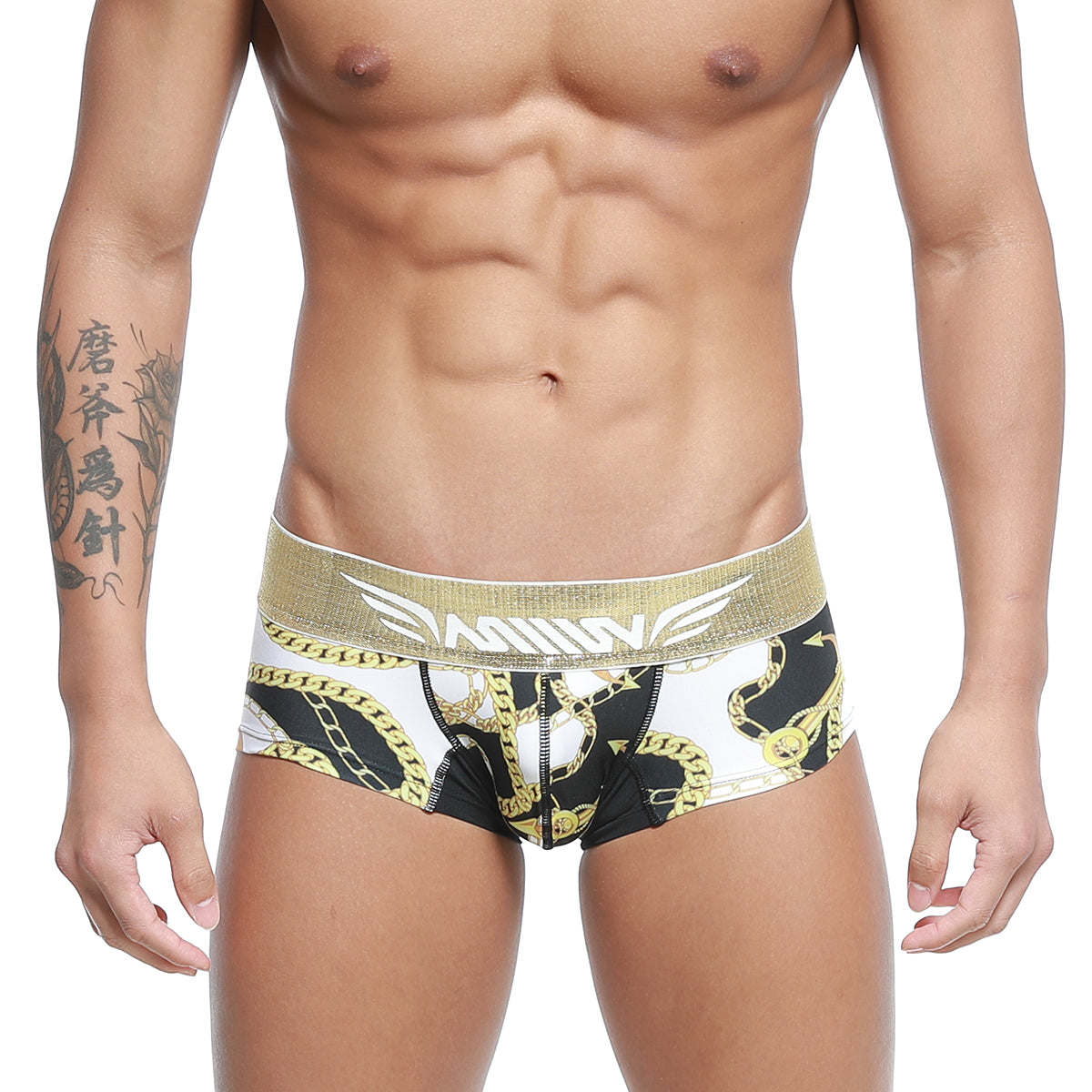 Black and white boxer briefs with gold chain pattern and glittery gold waistband featuring miiine brand name metroMalewear egyptian trunk 701399