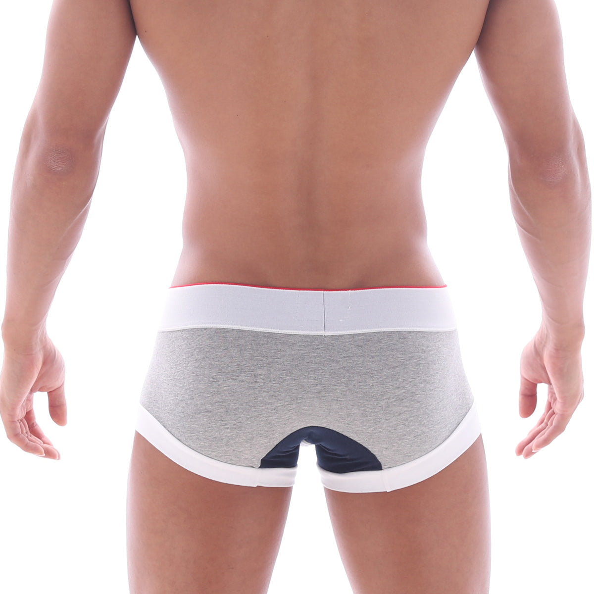Gray heathered MetroMaleWear 69ers boxer briefs with white trim and navy blue back panel shown from the back side