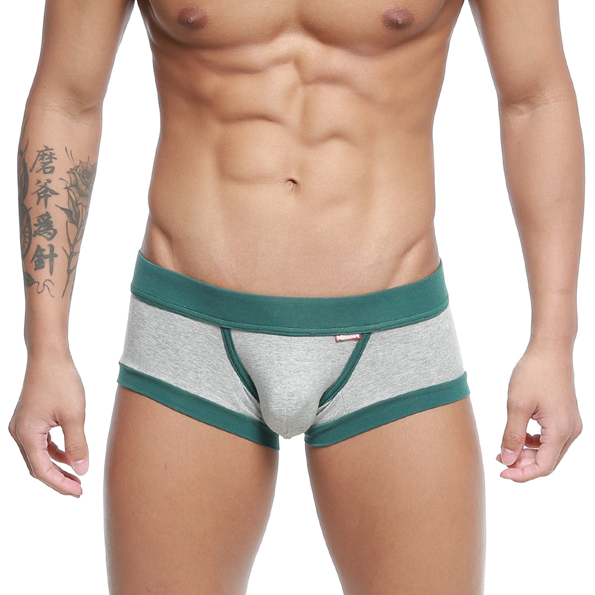 Gray heathered metroMalewear nano trunk briefs with contrasting teal elastic waistband and leg openings