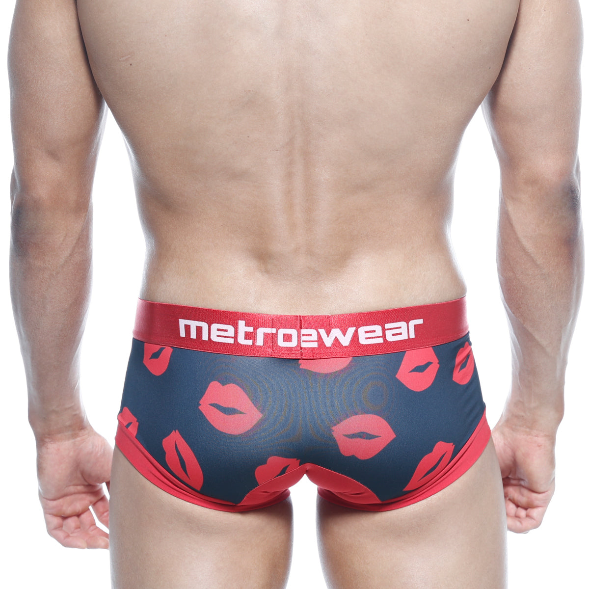 Navy blue metro2wear briefs with red lipstick print and matching red waistband from metroMalewear hotties boxer valentine line