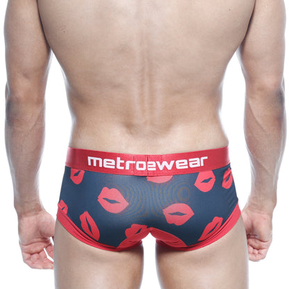 Navy blue metro2wear briefs with red lipstick print and matching red waistband from metroMalewear hotties boxer valentine line