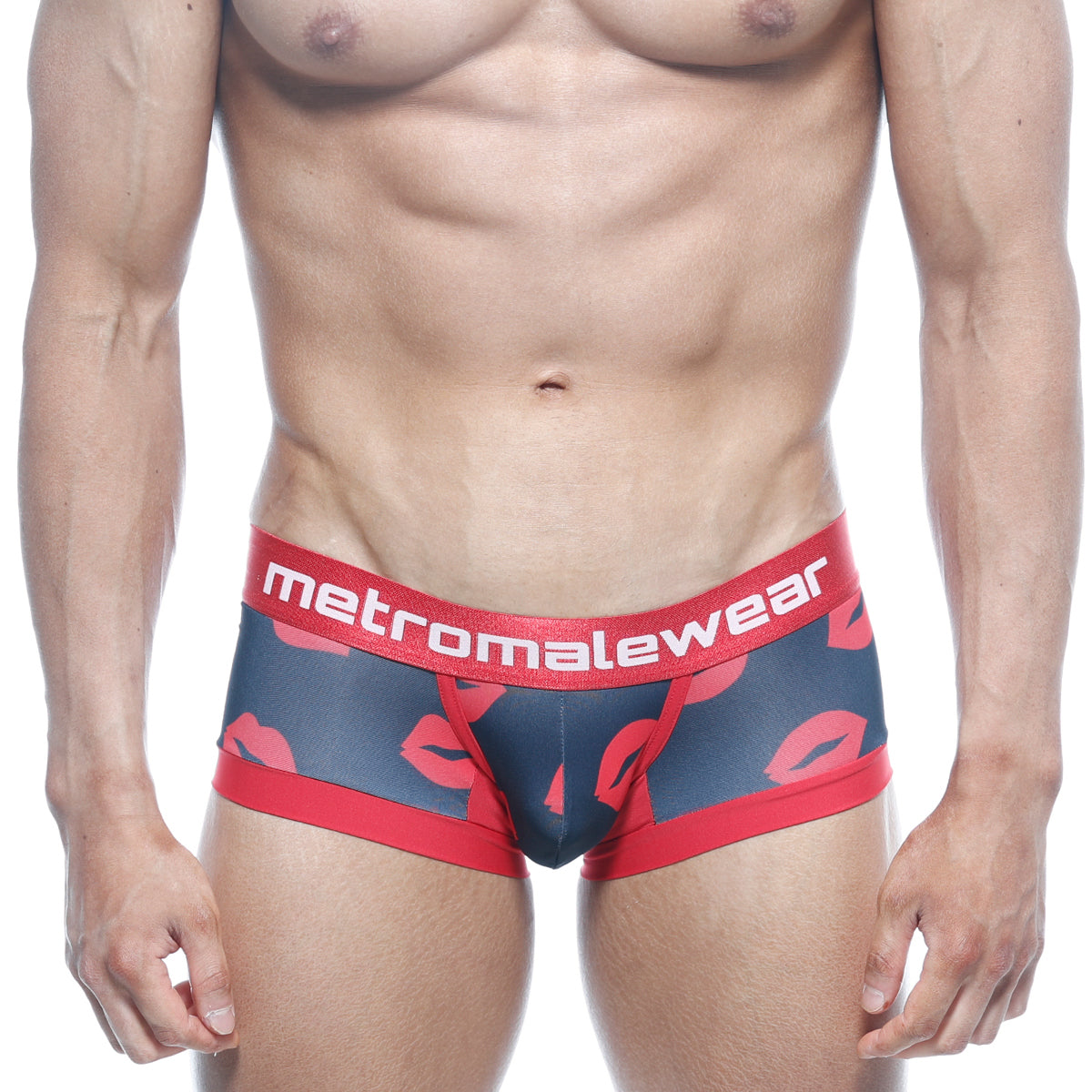 Red and navy blue MetroMaleWear hotties boxer briefs with bold red lip print and branded elastic waistband black 7016-32