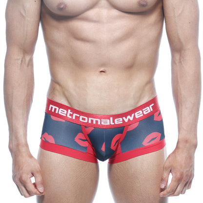 Red and navy blue MetroMaleWear hotties boxer briefs with bold red lip print and branded elastic waistband black 7016-32