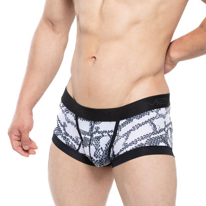 Black and white patterned men’s briefs with snake-scale design and black elastic trim metroMalewear nano trunk cobra 7016-62
