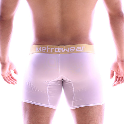 White metro male wear micro long boxer briefs with gold waistband and white brand name lettering 7017-00
