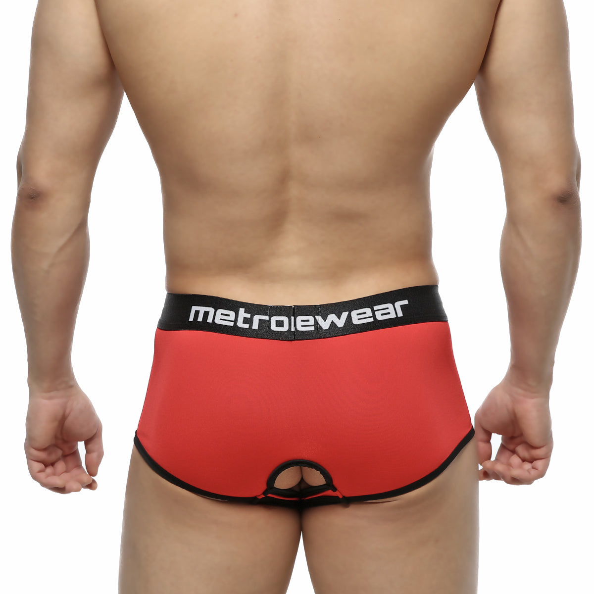 Red metrowear atopec trunk briefs with black trim and central cutout designed for stylish comfort