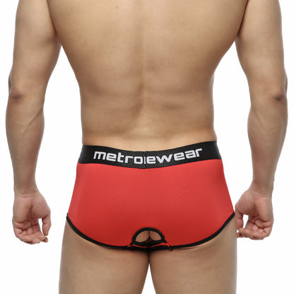 Red metrowear atopec trunk briefs with black trim and central cutout designed for stylish comfort