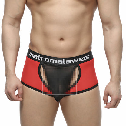 Red and black MetroMaleWear Atope trunk briefs with sheer mesh panel showcasing front design