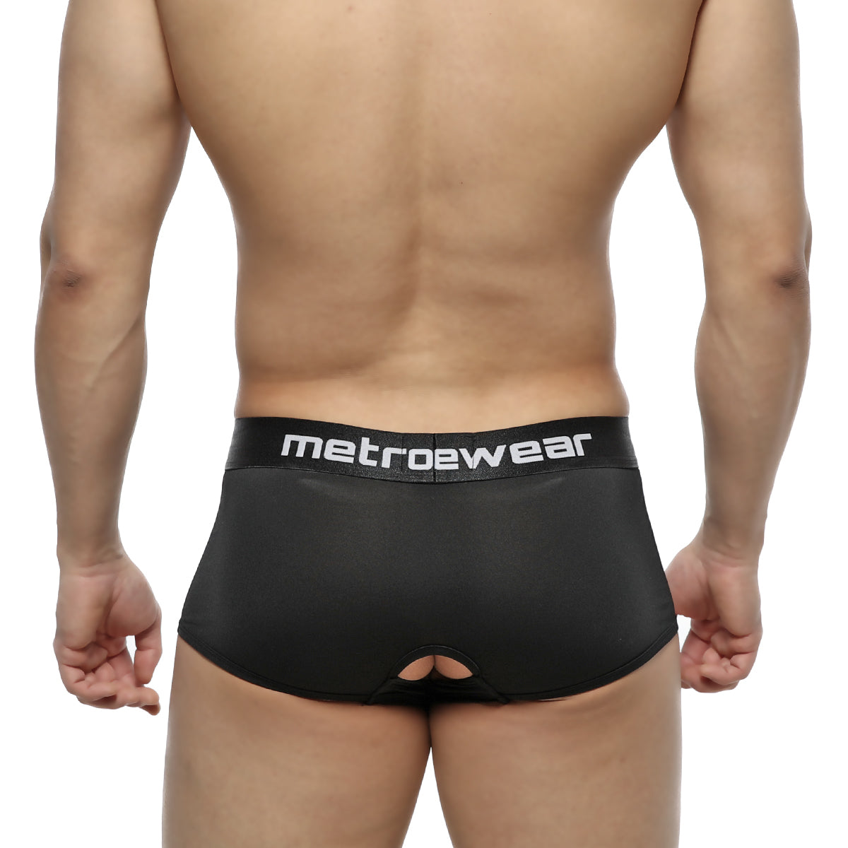 Black metrowear men’s briefs with white logo band and back cutout metro malewear atope trunk black 7023-20 back view