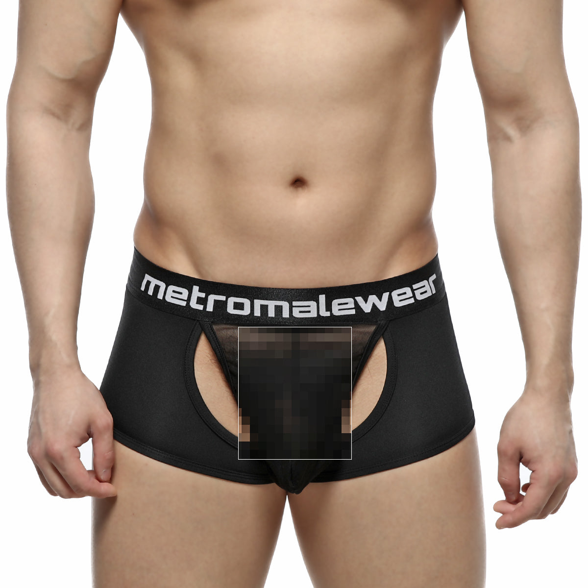 Black metromalewear atope trunk briefs with wide elastic waistband and cutout design for comfortable support