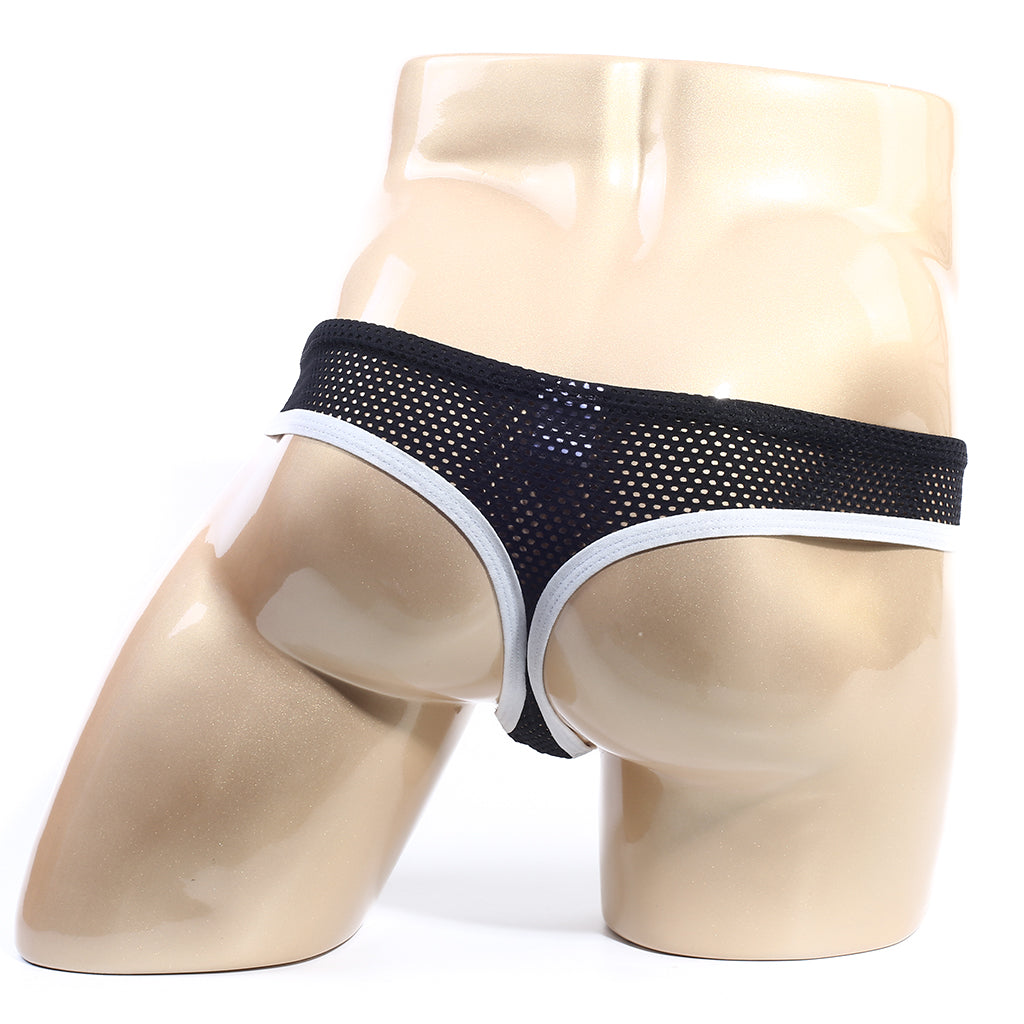 Black mesh briefs with white trim from MetroMaleWear Alcala thong white 7102-00 showing front side design