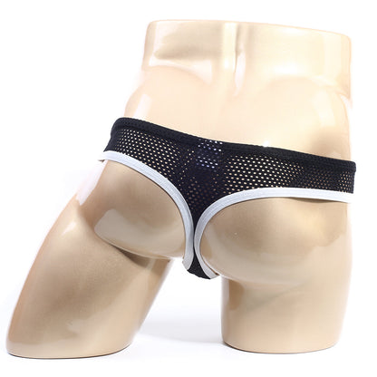 Black mesh briefs with white trim from MetroMaleWear Alcala thong white 7102-00 showing front side design