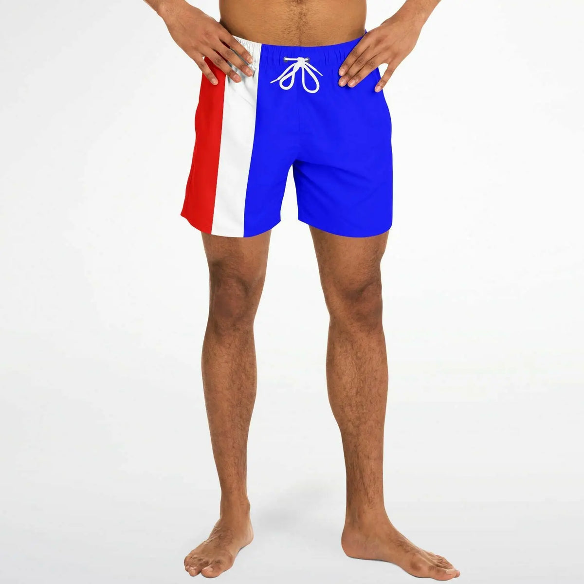 Men's swim shorts in blue with red and white side panels featuring an elastic waistband and drawstring by Maris Equi.