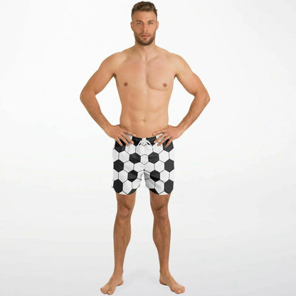 Men's swim shorts by Maris Equi featuring a black and white soccer ball pattern elastic waistband and drawstring closure.