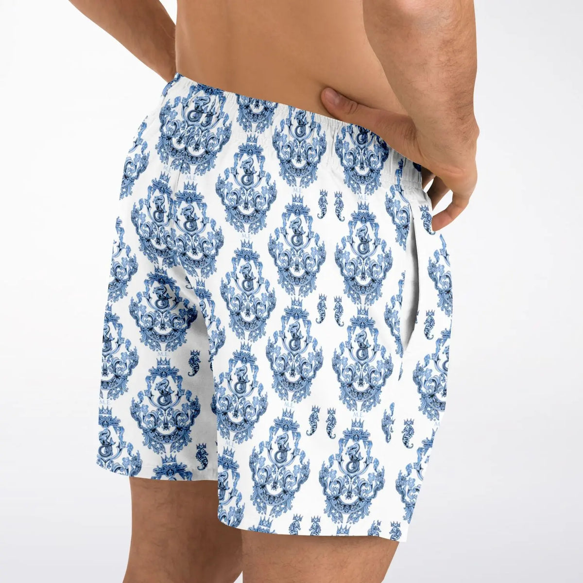 Men's swim shorts in blue and white baroque pattern made by Maris Equi featuring an elastic waistband and relaxed fit.