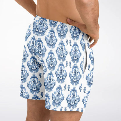 Men's swim shorts in blue and white baroque pattern made by Maris Equi featuring an elastic waistband and relaxed fit.